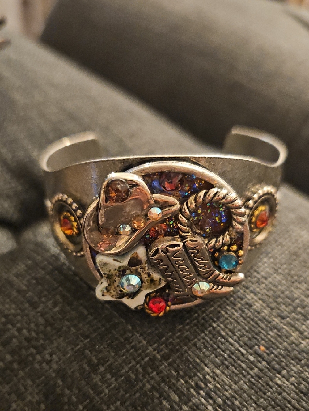 Silver-Tone Western Cowgirl Cuff Bracelet with Multicolor Rhinestones